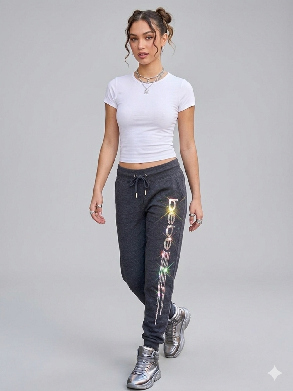 bebe sport Grey Sequin Logo Joggers Med  NWOT Y2K Bling Athleisure Sweatpants